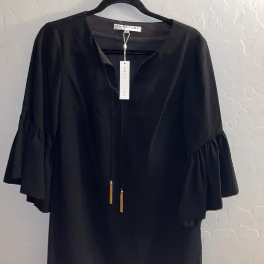 🎉HP🎉New! Trina Turk Scoop Neck Bell Sleeve Baroque Dress Black Size S✨ - Picture 12 of 14
